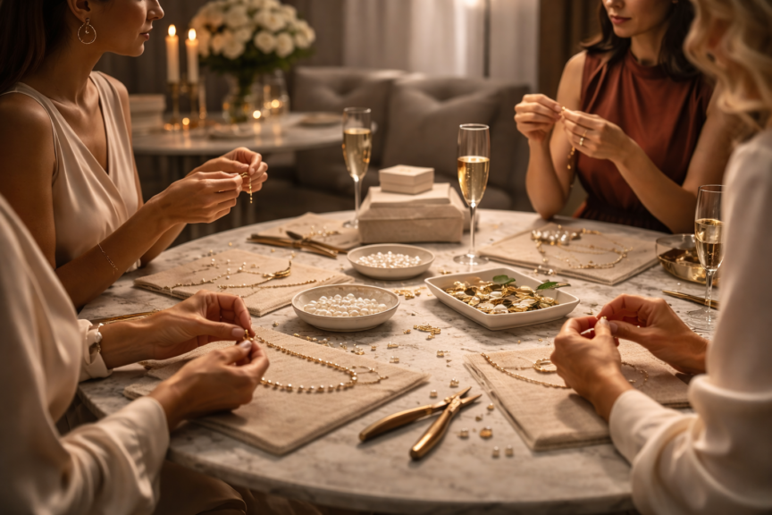 Elegant group jewellery workshop creating pearl pieces in a refined luxury atelier environment